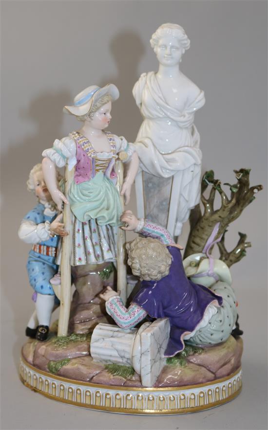 A Meissen group of children playing with stilts, 19th century, after Michel Victor Acier, 26.5cm, losses